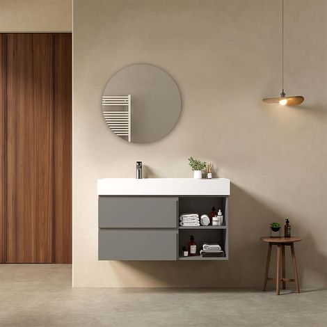 Mobile bagno sospeso 100 cm Grigio Londra Lavabo a Sinistra in Resina Specchio Tondo - Fiji Paint Plus (1/4)