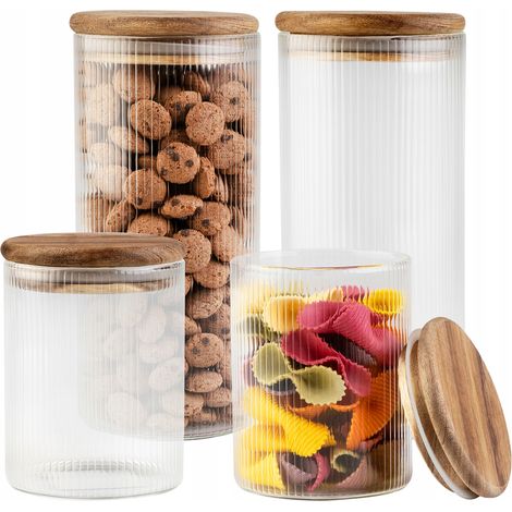 Set – 2x Glas-Vorratsbehälter – geriffelt mit Holzdeckel, 720 ml + 2x Glas-Vorratsbehälter – geriffelt mit Holzdeckel, 420 ml