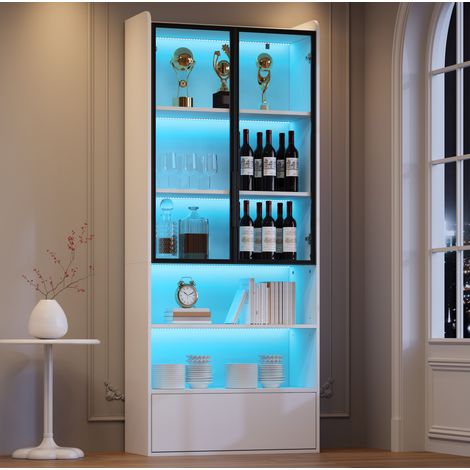 8034180cm Vitrine, Hochschrank mit 1 Schubladen und Glasschranktüren, Hochschrank Glasvitrine mit LED und Offene Partition, Standregal Schrank Vitrine,Wohnzimmerschrank mit Glastüren, Weiß (1/5)