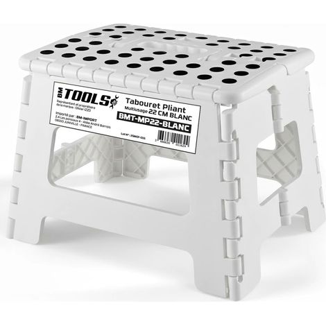 Tabouret Pliant Blanc 22cm, Marchepied Pied Pliable BM TOOLS BMT-MP22-BLANC 150kg Capacité, Léger et Compact pour Adulte/Enfant
