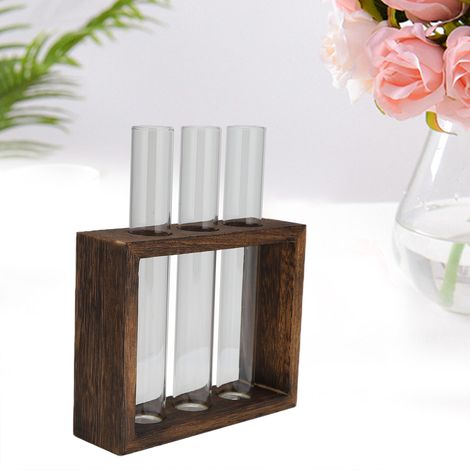 Pots à plantes hydroponiques en tubes de verre borosilicaté avec cadre en pin vintage (3 tubes) pour décoration intérieure (1/5)