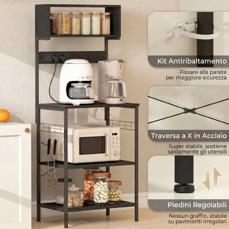 Étagère murale en bois et acier, style industriel, noire, avec prises électriques, crochets et étagères pour micro-ondes et cuisine (1/5)