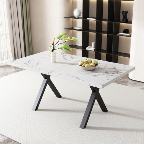 Tavolo rettangolare 140x80x76 cm bianco marmo in MDF e metallo con gambe incrociate e stile moderno (1/5)