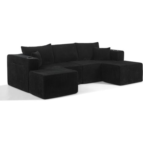 Canapé d'angle modulable 3 places en velours côtelé beige avec ottoman mobile et porte-boissons (1/5)