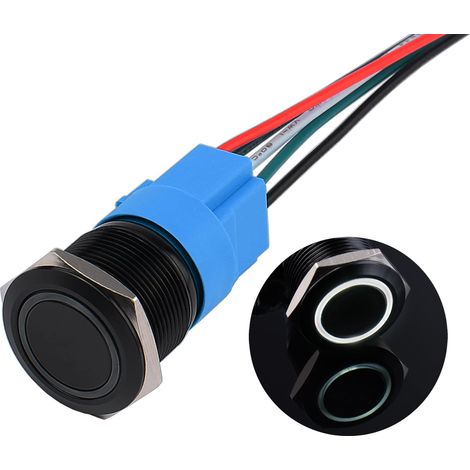 22 mm Interrupteur à bouton-poussoir en métal à verrouillage 12 V à 24 V 2 A IP66 1NO Étanche Noir Interrupteur d'alimentation LED éclairé pour moto bateau RV (Blanc) (1/5)