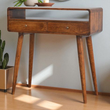 Table console en bois massif courbé en châtaignier, 2 tiroirs, brun