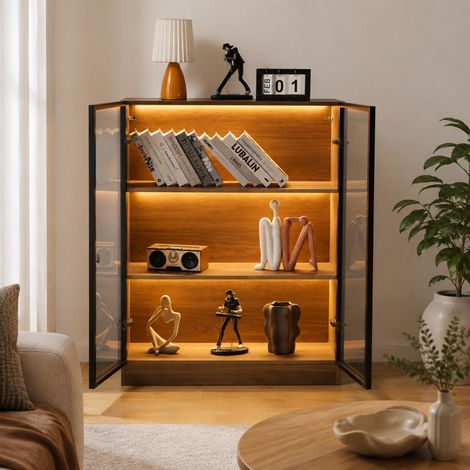 Vetrina espositiva con ante in vetro e luce LED, 80 x 32 x 106 cm, finitura naturale, REDOM (1/5)