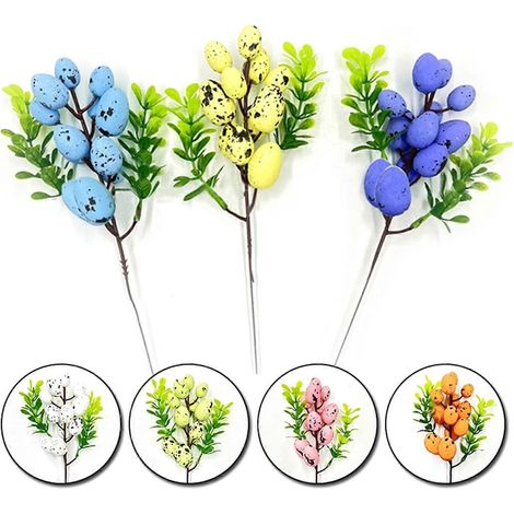 Boutures d'œufs de Pâques, fleurs artificielles, branches colorées, peinture, œufs d'oiseaux en mousse (1/4)
