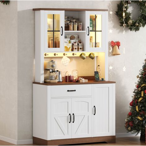 Aparador alto de cocina MDF natural y blanco 105x40x185 cm con LED regulable, enchufes, USB, cajones y estantes ajustables (1/5)