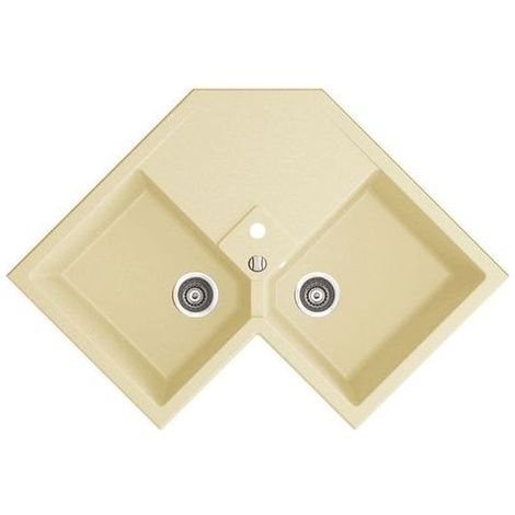 Kümbad – Évier d'angle en granit beige 83x83 cm – 2 bacs – Évier à encastrer avec vidage automatique – Meuble sous évier 90 cm minimum