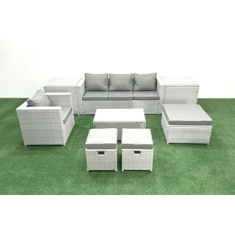 Fimous 8 Pieces Rattan Garden Furniture Set Outdoor Garden Sofa Chair Coffee Table Set with 2 Side Tables 3 Footstools Light Grey Mixed (1/5)