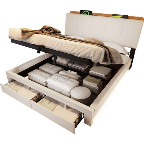 Polsterbett Doppelbett 140 x 200 cm, Leinen, USB, Type-C, LED, 2 Schubladen, ohne Matratze, Beige (1/5)