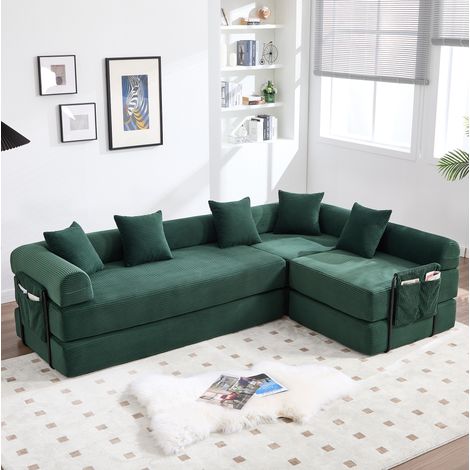 Divano angolare modulare 270x180x64 cm in tessuto verde scuro con portaoggetti - MEUBLIV (1/5)