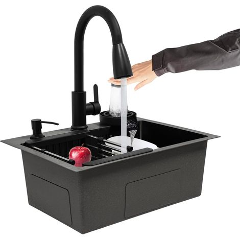 Évier de cuisine, Ensemble d'évier avec robinet extensible et nettoyant pour vitres, en acier inoxydable 201, avec nano-revêtement noir, rectangulaire, pour cuisine, maison, restauration et hôtel (1/5)