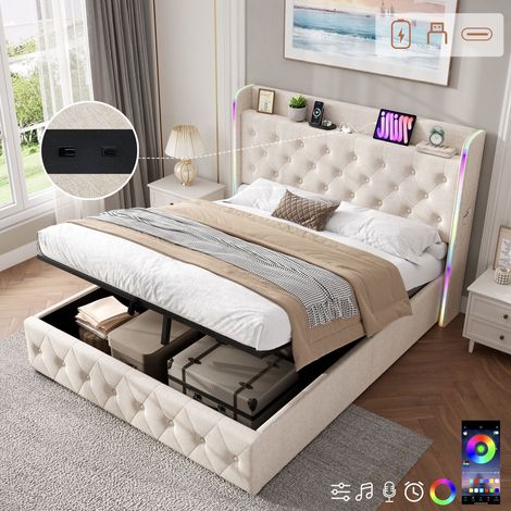 4ft6 Double Upholstered Bed Frame with Hydraulic Storage, LED Headboard with Charging Station and Button-tufted Design, USB and Type-C Ports, Linen, No Box Spring Needed, Beige (No Mattress)