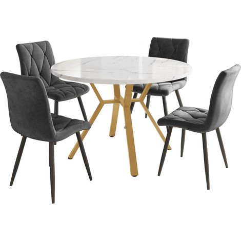 Ensemble salle à manger 5 pièces : table ronde style marbre pieds dorés + 4 fauteuils velours gris ergonomiques,design moderne pour la maison.