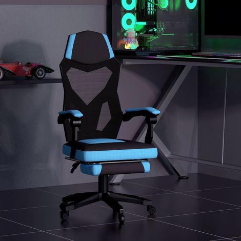 Fauteuil de jeu avec repose-pieds, hauteur réglable et dossier inclinable à 135°, 58 x 63 x 112-122 cm, bleu et noir (1/5)