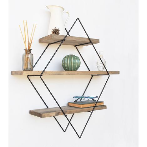Cotecosy – Étagère murale décorative en bois d'épicéa et métal – Dimensions 60x60x14 cm – Charge maximale 2,5 kg – Pour salon, chambre ou bureau (1/4)