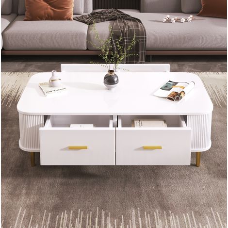Couchtisch aus MDF in Weiß 105 cm mit 4 Schubladen, gewellten Seiten und goldfarbenen Details (1/5)