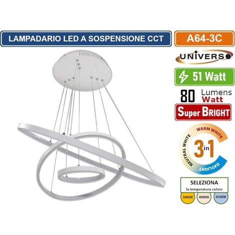 UNIVERSO A64-3C LAMPADARIO LED A SOSPENSIONE 51W SMD COLORE BIANCO CCT COLORE LUCE SELEZIONABILE 3000K 4000K 6500K (1/5)
