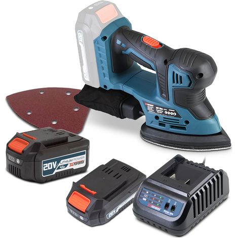 Ponceuse triangulaire 20V max livrée avec 1 batterie 2Ah, 1 batterie 4Ah et un chargeur rapide. (1/4)
