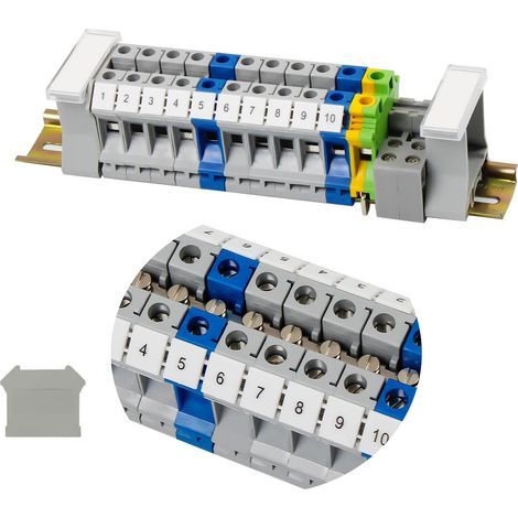 10 Kit Électrique Bornier, Rail Din 20cm, Plastique Cuivre Acier, Gris Bleu Jaune, Automatisation Production (1/5)