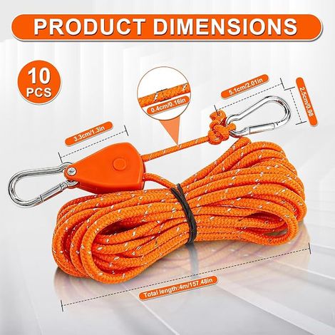 Tendeurs Poulie avec Frein, Corde Mousqueton. Corde Tension Réglable 1/8 Pouce, Culture, Lampes, Camping, Tente Voile Ombrage (1/2)