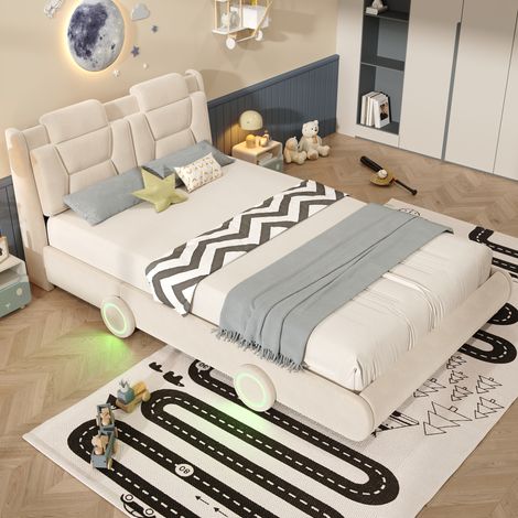 Cama infantil coche tapizada 140x200 cm franela beige - sin colchón - CHICFURN (1/5)