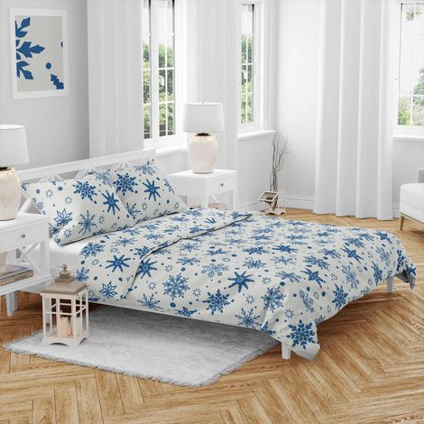 Linge de lit de Noël en coton, flocons de neige, bleu et blanc, 140 x 200 cm, 70 x 90 cm (1/3)