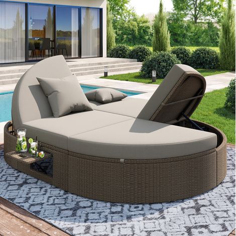 Sillón exterior doble reclinable con mesa lateral gris OKMYHOME (1/3)