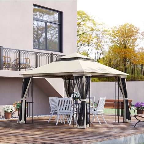 Gazebo da giardino 299x299 cm con doppio tetto, 4 pannelli in zanzariera con cerniera, struttura in metallo beige. (1/5)