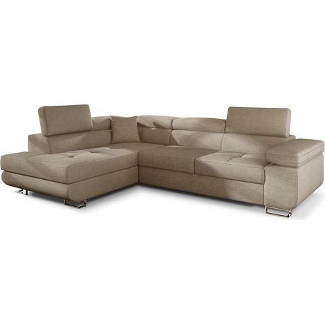 Canapé d'angle convertible MENTON beige velours – Angle gauche avec coffre