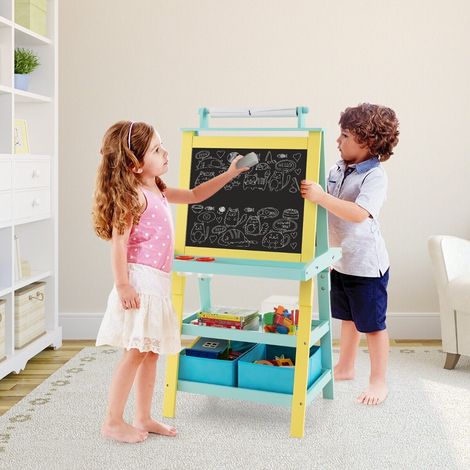 Chevalet jaune double face en MDF avec tableaux blancs et noirs, rouleau papier et rangements pour école, chambre et salle de jeux (1/5)