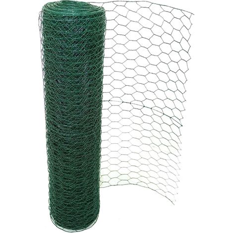 0.6m x 25m Chicken Wire Mesh Hexagonal Mesh Fencing Green PVC Coated Steel Metal Garden Netting Fencing Roll Hole Size 50mmx50mm, for Crop Plants Protection, Trap Rabbit Small Animal