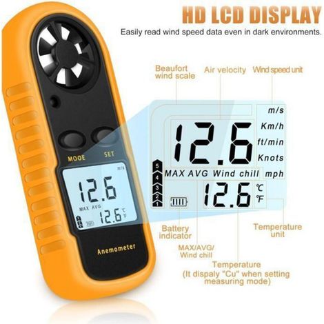 Anémomètre - Portable Numérique - Mesure Vitesse Vent 0-30 M/S Précision ±5% - Température - Rétroéclairage LCD - 1 Pièce (1/4)