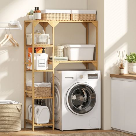 Étagère pour machine à laver, plusieurs compartiments ouverts, pour le linge et les accessoires, en bois de bambou (1/5)
