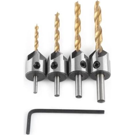 Fraise Bois Mèche à Bois Foret Conique HSS Acier à Haute Vitesse à Bois Aésoir Chanfreinage (4pcs, 3-6mm) Avec Clé Hexagonale (1/2)