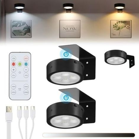 Lot de 3 lampes LED sans fil pour tableaux, rechargeables par USB, éclairage doré pour cadres photo avec télécommande, 3 températures de couleur, lampe à fléchettes à intensité variable, aimantée avec (1/4)