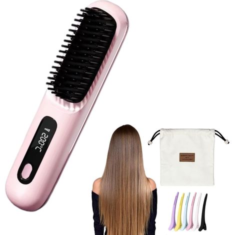 Cocoony Brush for Short Hair, Portable Rechargeable Straightening Brush, Durable Design, with LCD Display, 3-Stage Temperature Adjustment, for Daily Styling & Travel (Pink)