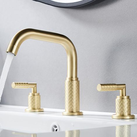 Robinet mitigeur de salle de bain en laiton à 3 trous avec 2 poignées pivotantes, finition grise moderne, robinetterie élégante eau chaude froide pour lavabo et vasque (1/4)