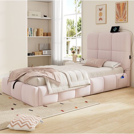 Cama 90x200 con arcón hidráulico, somier de láminas y puerto USB-C, terciopelo rosa HAVRYA (1/5)