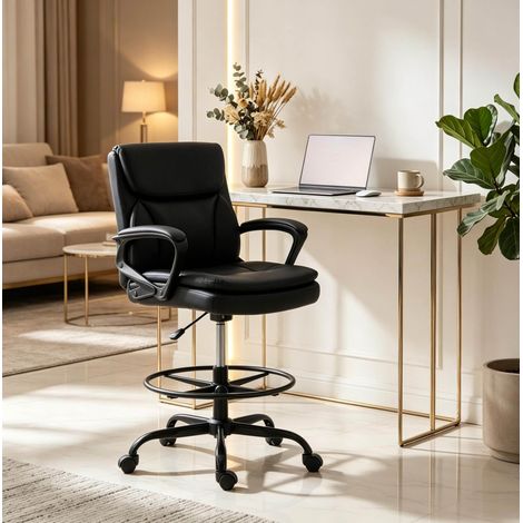 Silla de oficina alta regulable con reposapiés, giro 360°, negra DESVIAE (1/5)