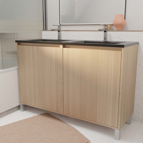 Mueble de baño 120 cm 4 Puertas Roble Claro+ Lavabo Doble Cerámica Negra (1/5)