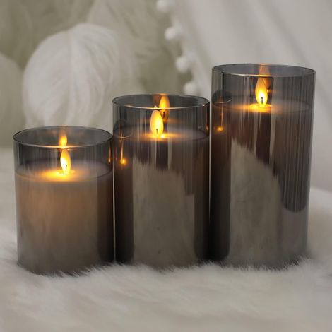 Bougies sans flamme en verre, lot de 3, LED, en cire véritable, avec télécommande et minuterie (gris) (1/3)