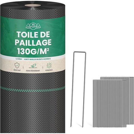 Toile de Paillage 50m² épais 130g / m2 + 100 agrafes en Acier galvanisé - Geotextile Anti Repousse Gravier 50Mx1M pour Terrasses et Allées - Bache Noire Agricole + 100 Sardines (1/5)