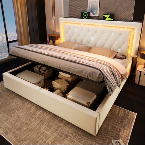 Letto a cassone adulti 140x200 cm con illuminazione LED, porte USB-Type-C, rete a doghe, senza fondo, senza materasso, beige (1/5)