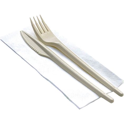 BIS POSATE BIOCOMPOSTABILI + TOVAGLIOLO- - color avorio - tovagliolo cm.33x33 - 100 confezione DOPLA