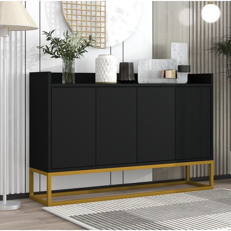 Sideboard noir en panneaux de particules et MDF 120x30x80 cm, 4 portes, 2 étagères réglables, ouverture par pression (1/5)