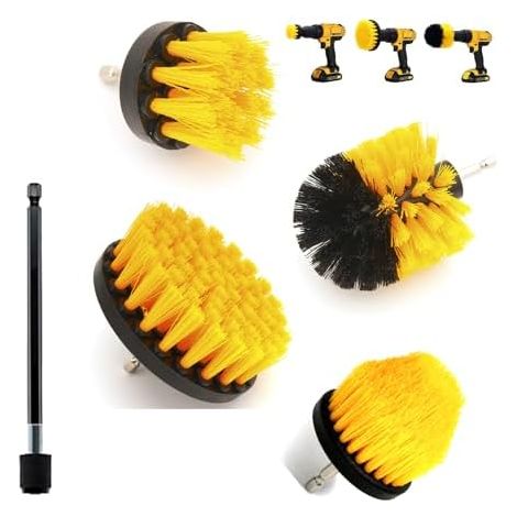 Lot de 5 brosses électriques pour perceuse - Pour nettoyer les sols la maison et l'entreprise, briques, toilettes, baignoires, lavabos, voitures, etc. (jaune) Jaunes (1/5)