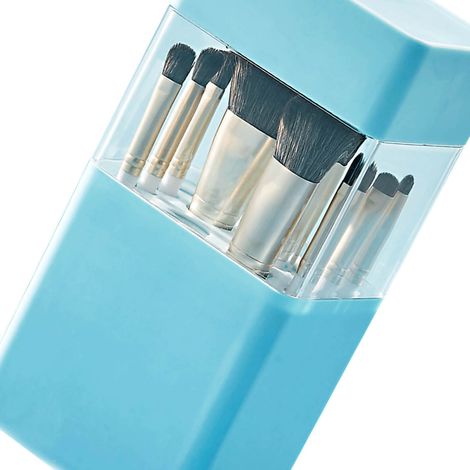 Porte-pinceaux de maquillage à 12 emplacements, rangement ventilé et respirant, boîte de rangement beauté bleue (1/5)